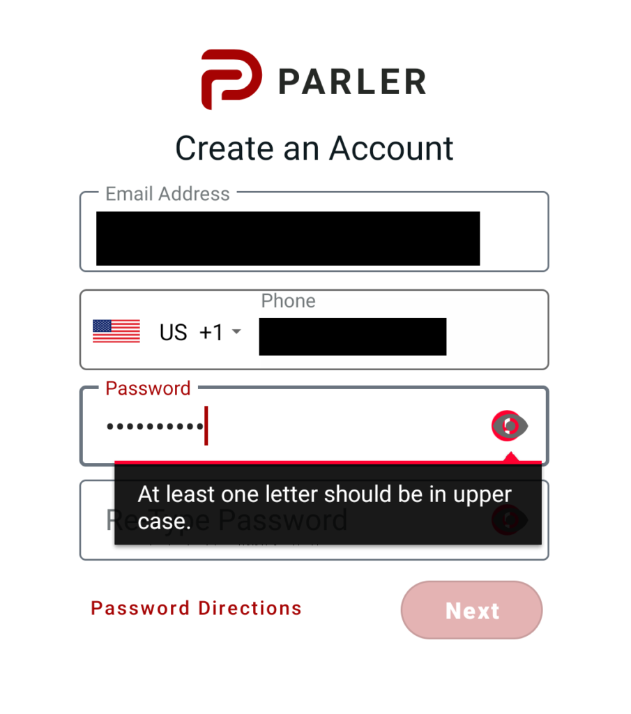 Parler Mobile Registration where it gives real-time feedback