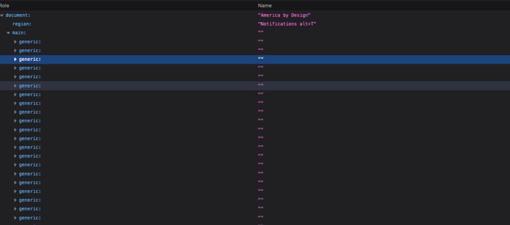 Screenshot of document structure from Firefox's accessibilty section of developer tools where we see that under the document is a region with the name 'Nofifications alt+t', a main, and then generic listed many, many times. 